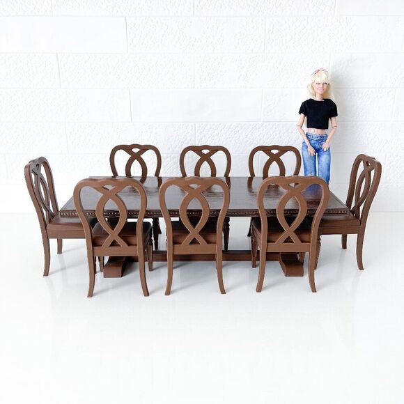 One-of-a-Kind Miniature Oak Wood Dining Trestle Table & 8 Chair Set 1:6 Scale - Picture 1 of 15